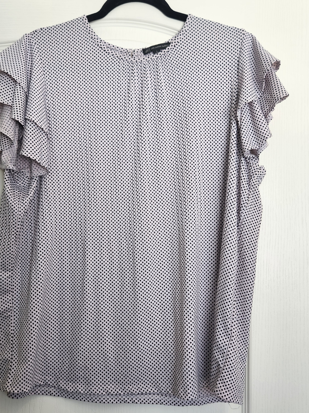 Adrianna Papell White and Black Polka Dot Ruffle Sleeve Blouse